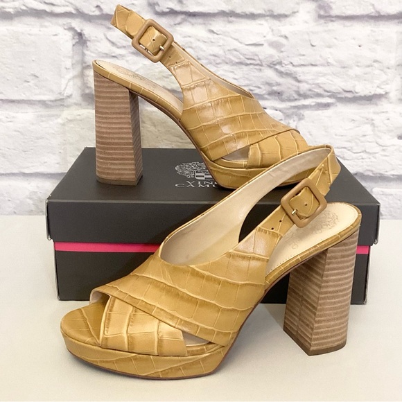 Vince Camuto 9 Javasan Caramel Croc Leather Women’s Sandals Heels Chunky Shoes - Picture 2 of 13